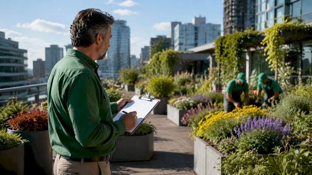 Property manager inspecting outdoor property maintenance