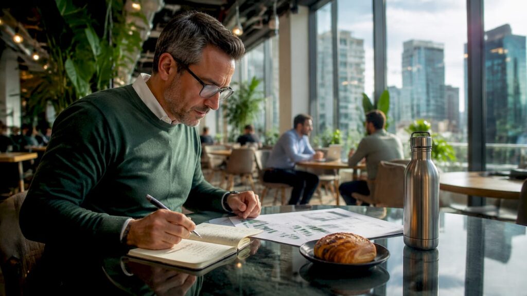Property manager reviewing alternatives at desk