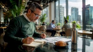 Property manager reviewing alternatives at desk