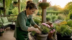 Woman gardening in lush residential backyard