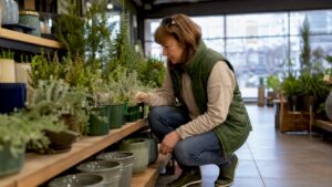 Woman selecting plants at Calgary garden centre