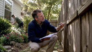Property manager inspecting home exterior