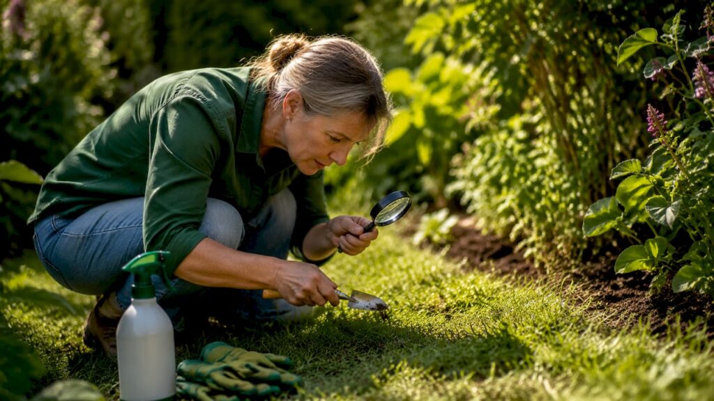 Homeowner inspecting lawn for pests in Calgary