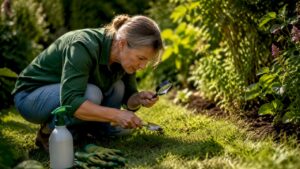 Homeowner inspecting lawn for pests in Calgary