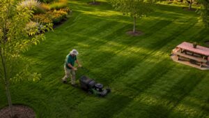 Man mowing lawn with striped pattern