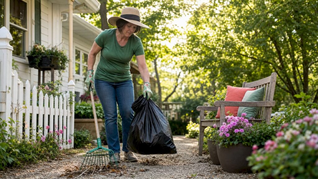 Woman cleaning property debris outdoors
