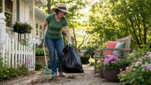 Woman cleaning property debris outdoors