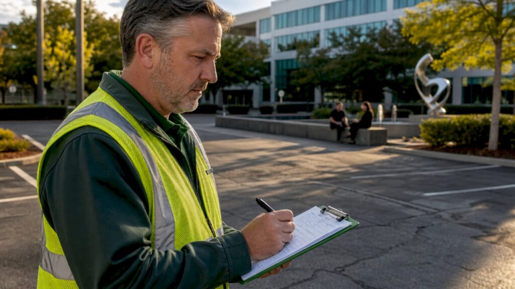 Facility manager inspecting property maintenance outdoors