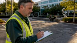 Facility manager inspecting property maintenance outdoors