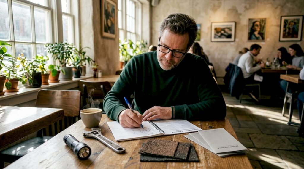 Homeowner planning routine property maintenance at kitchen table