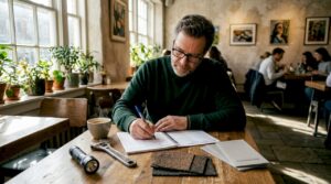 Homeowner planning routine property maintenance at kitchen table