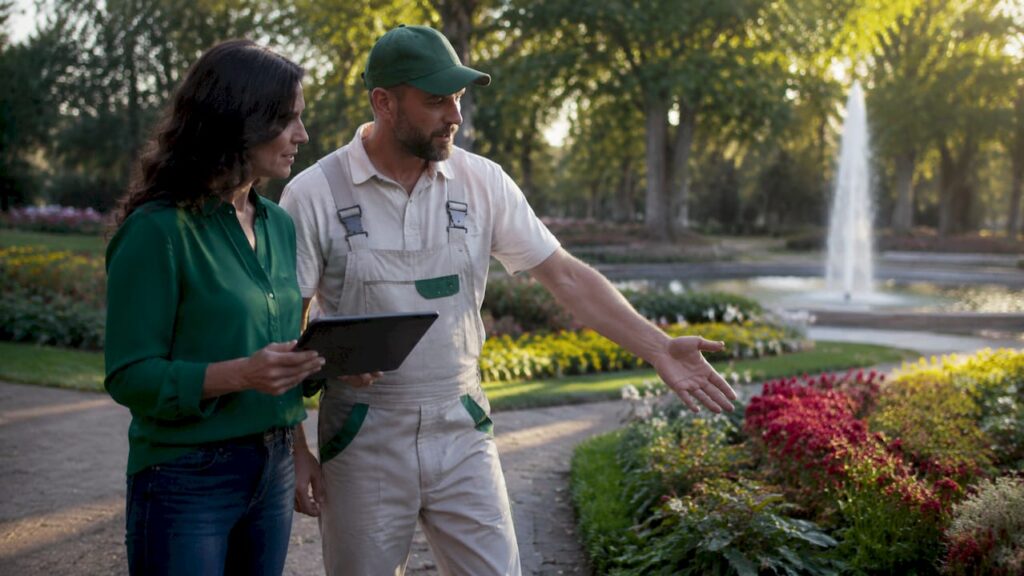 Homeowner consulting landscaper about service options outside house