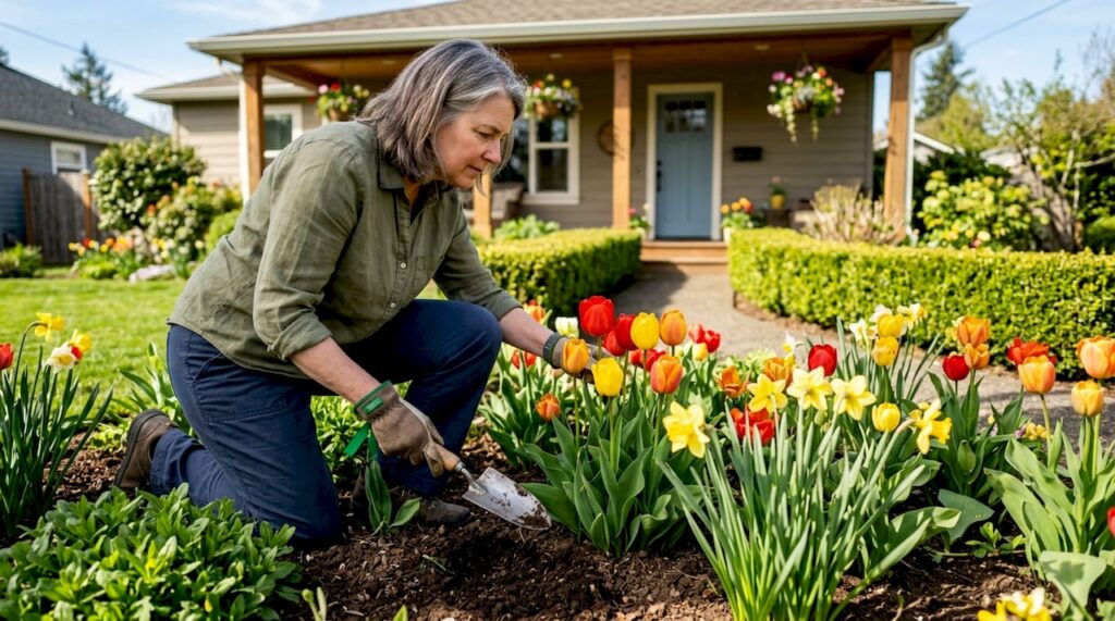 Woman examining suburban backyard in morning light