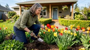 Woman examining suburban backyard in morning light