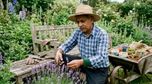 Gardener pruning plants in a suburban garden bed