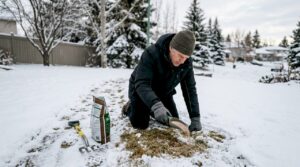 Homeowner applying winter lawn fertiliser in snow-covered yard
