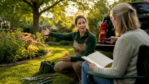 Landscaper discussing outdoor maintenance plan with homeowner