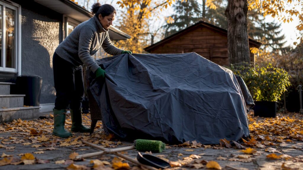 Woman covering outdoor patio furniture for winter