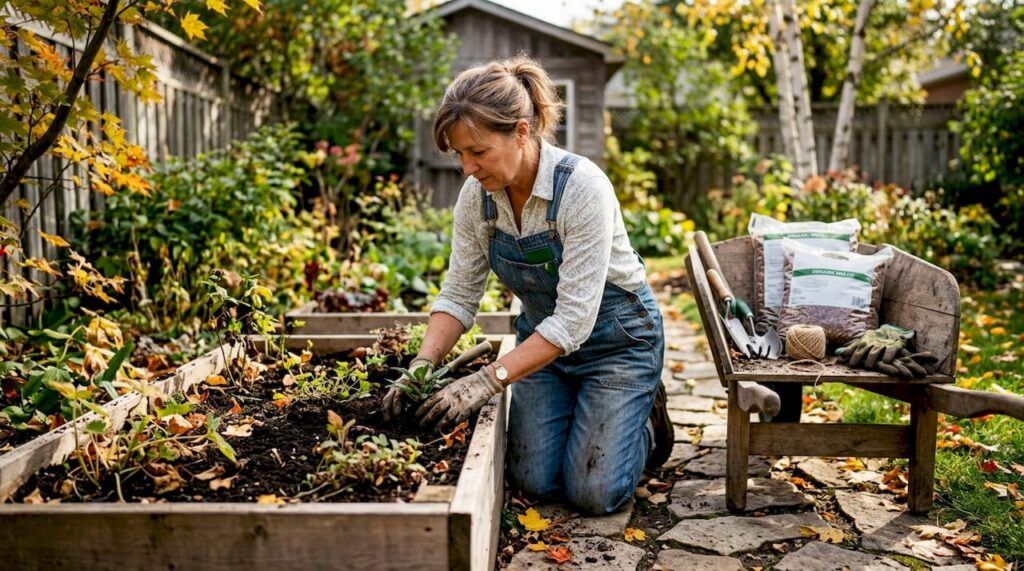Woman planting flowers in Canadian backyard garden