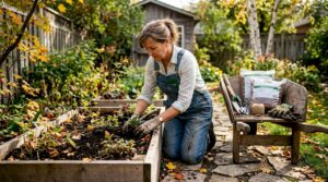 Woman planting flowers in Canadian backyard garden
