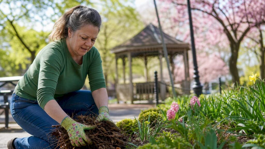 Woman raking spring garden debris outdoors
