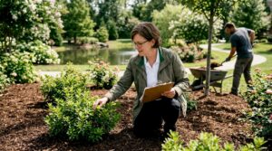 HOA manager inspecting mulched community garden bed