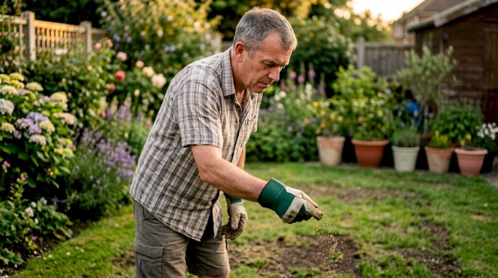 Homeowner spreading seed on patchy lawn