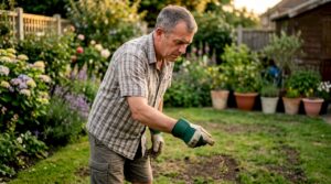 Homeowner spreading seed on patchy lawn