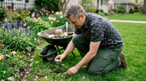 Man checking lawn soil temperature with thermometer