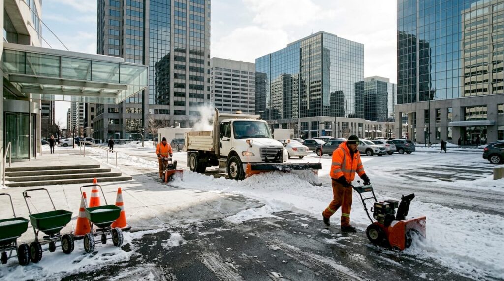 Snow removal crew clearing office parking lot