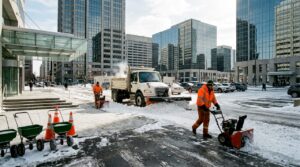 Snow removal crew clearing office parking lot