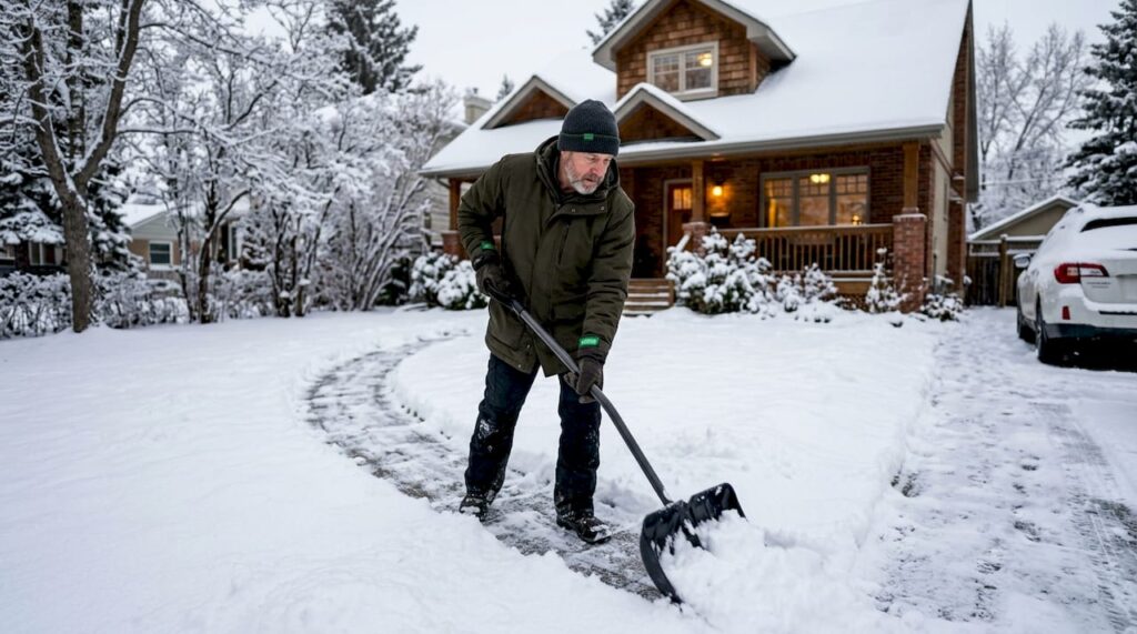 Man shoveling snow from Calgary sidewalk outdoors