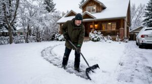 Man shoveling snow from Calgary sidewalk outdoors