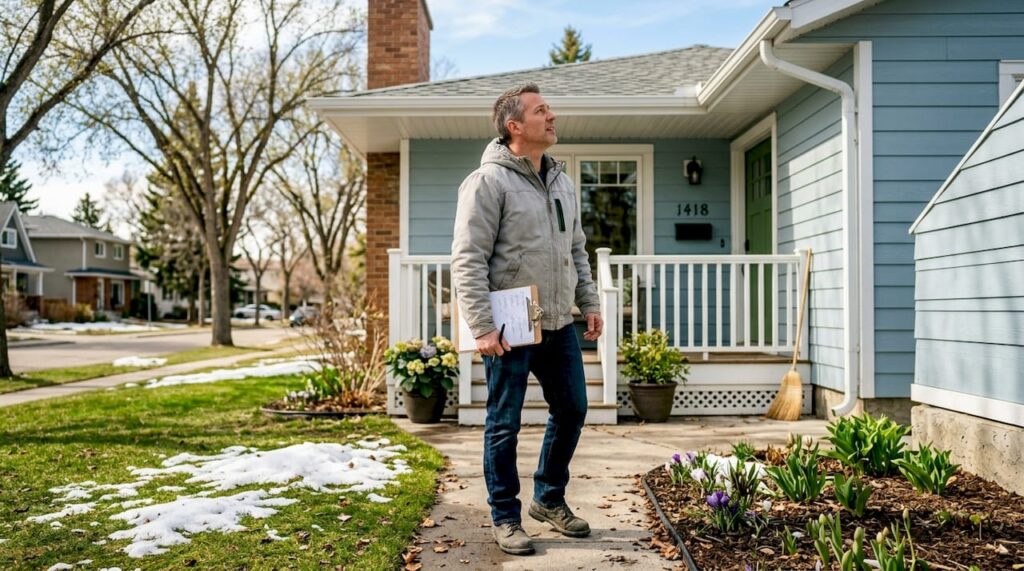 Property maintenance expert inspecting Calgary home exterior