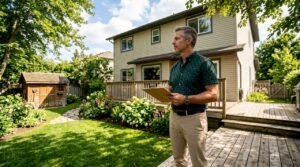 Property manager inspecting house exterior