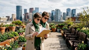 Property manager reviewing yard care plans outdoors