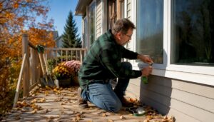 Man sealing house windows before winter in Calgary