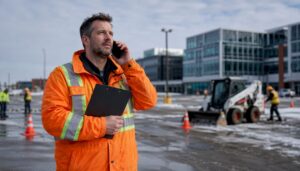 Property manager inspecting business grounds cleanup outdoors
