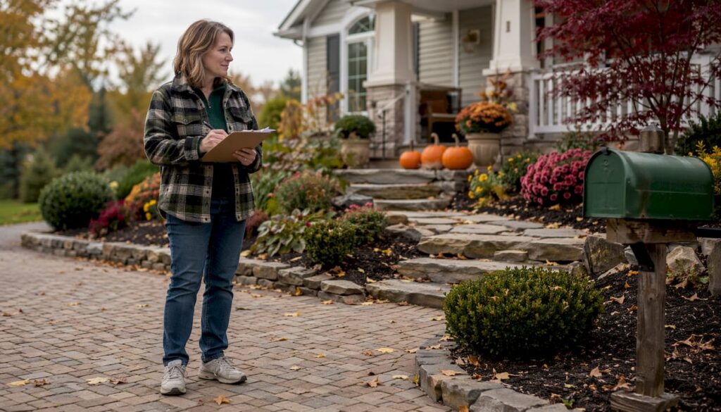 Homeowner inspecting hardscape with checklist outdoors