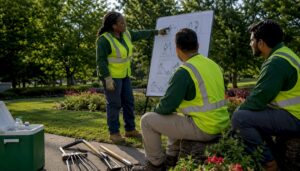 Landscaping crew safety briefing outdoors