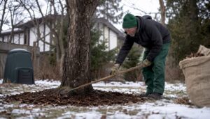 Gardener mulching tree base in snowy Calgary yard