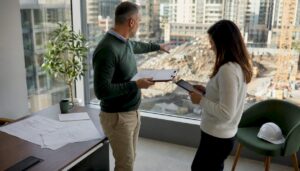 Property managers reviewing urban debris outside office
