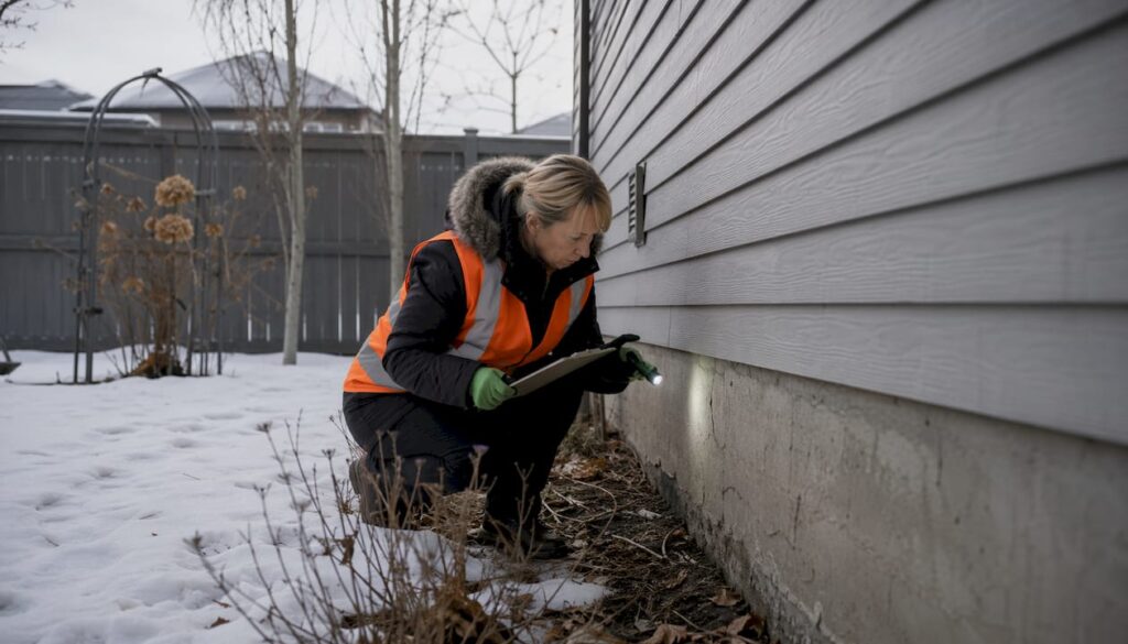 Home inspector examining house foundation outdoors