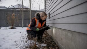Home inspector examining house foundation outdoors