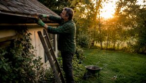 Man cleaning house gutters over green lawn