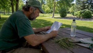 Man reviewing Calgary lawn care noise bylaw document outdoors