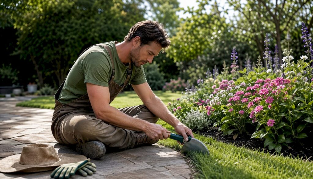 Man edging lawn with manual half-moon tool