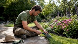 Man edging lawn with manual half-moon tool