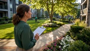 Property manager inspecting multi-unit lawn grounds