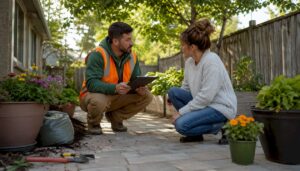 Calgary yard service crew leader with homeowner